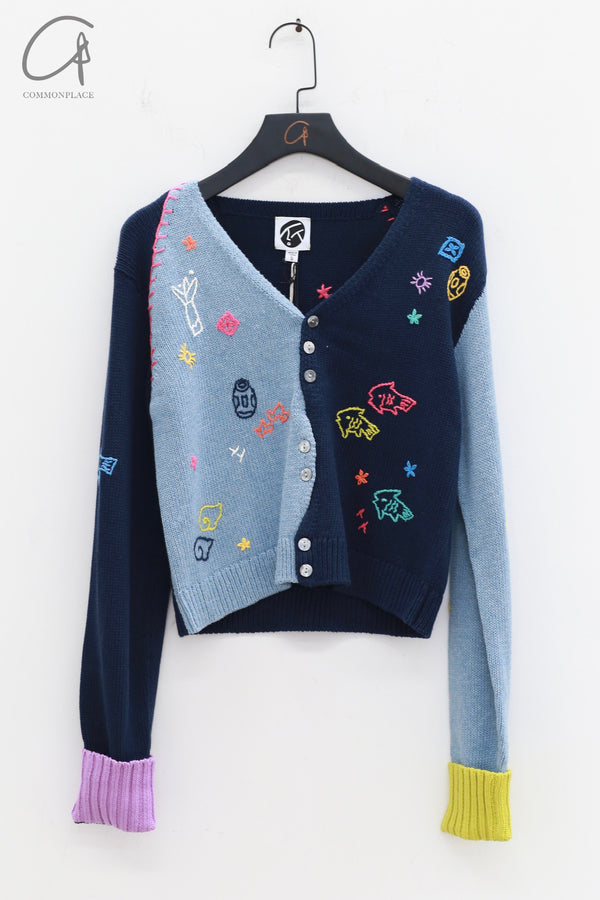 YANYAN KNITS V-neck embroidered colorblock knitted cardigan YYK-YYW23-124-LAN blue YYW23-1241